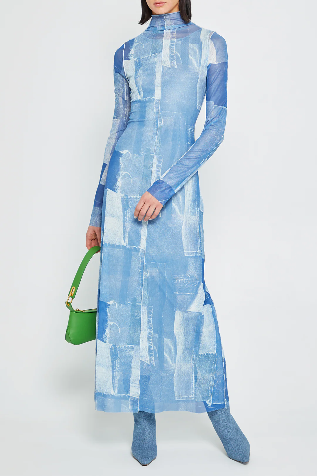 Contrast Denim Print  High Collar Long Sleeve Maxi Dress - Flockneti