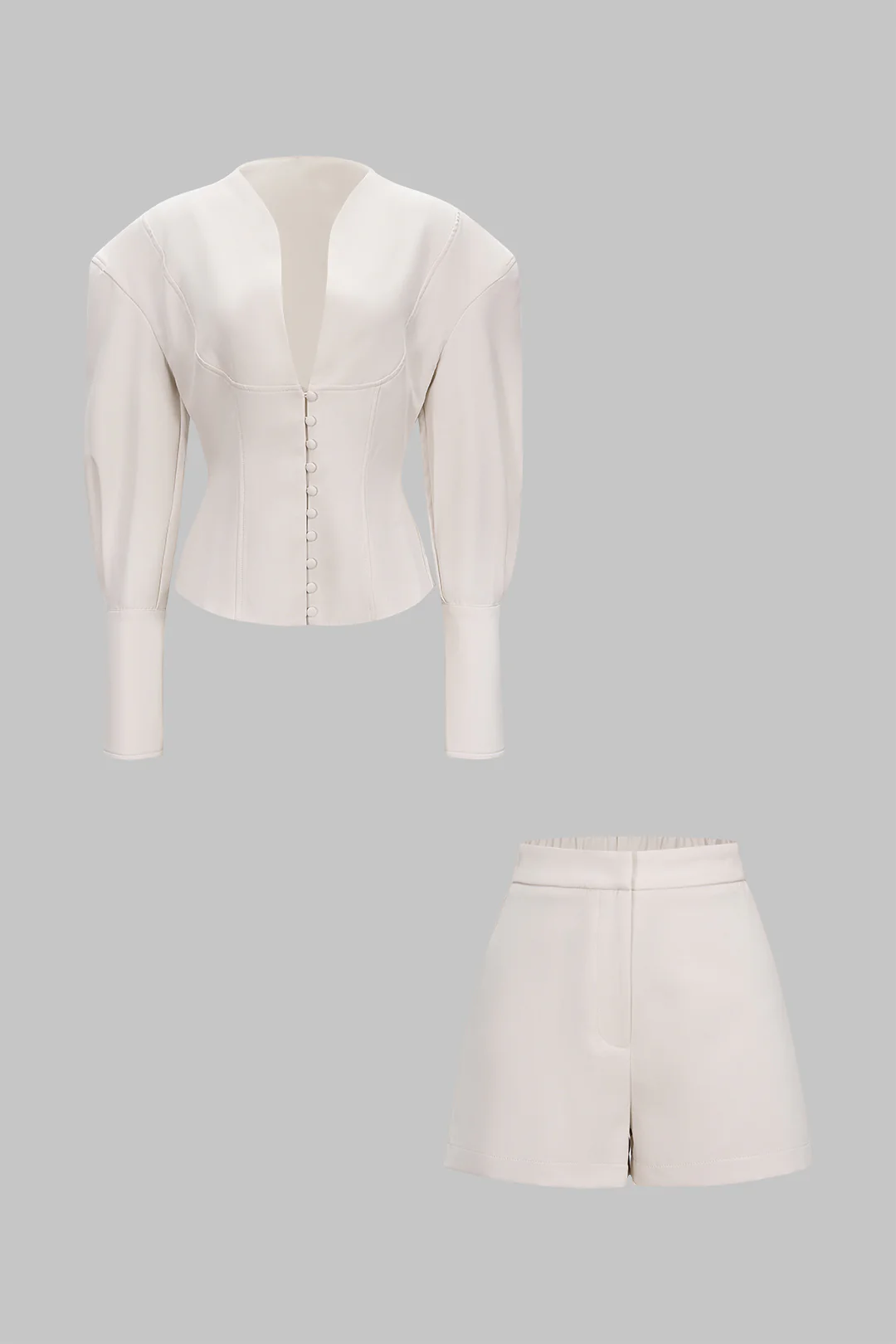 V-Neck Button Top And Button Waist Shorts Short Set - Flockneti