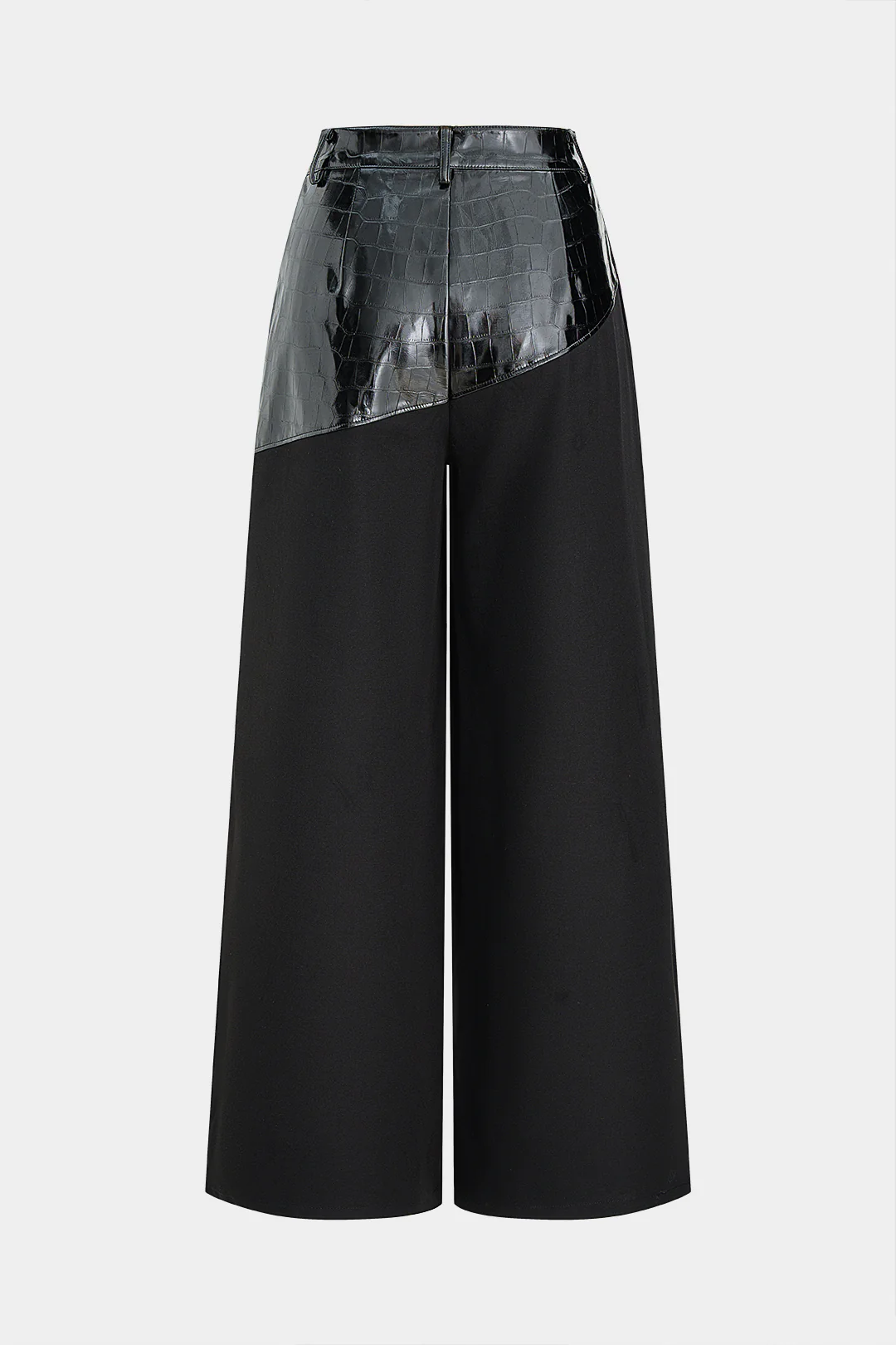 Faux Leather Patchwork Asymmetrical Straight Leg Pants - Flockneti