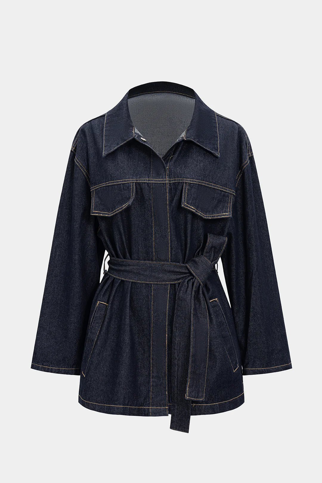 Denim Belted Long Sleeve Shirt - Flockneti