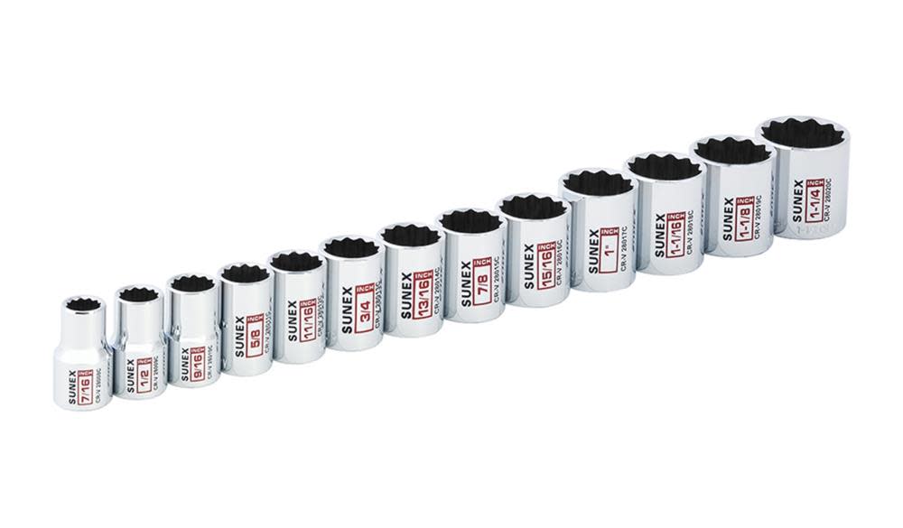 Sunex 1/2 In. Dr 12 Pt Standard SAE Socket Rail 13 Pc Set - Flockneti