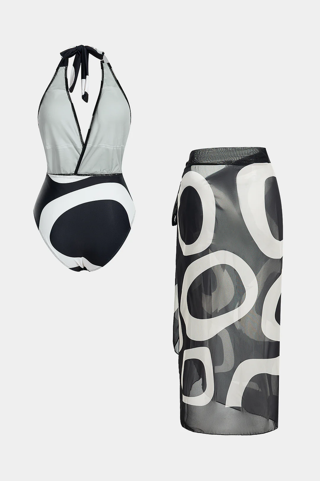 Abstract Print Mesh Tie-Up Backless Bikini Set - Flockneti