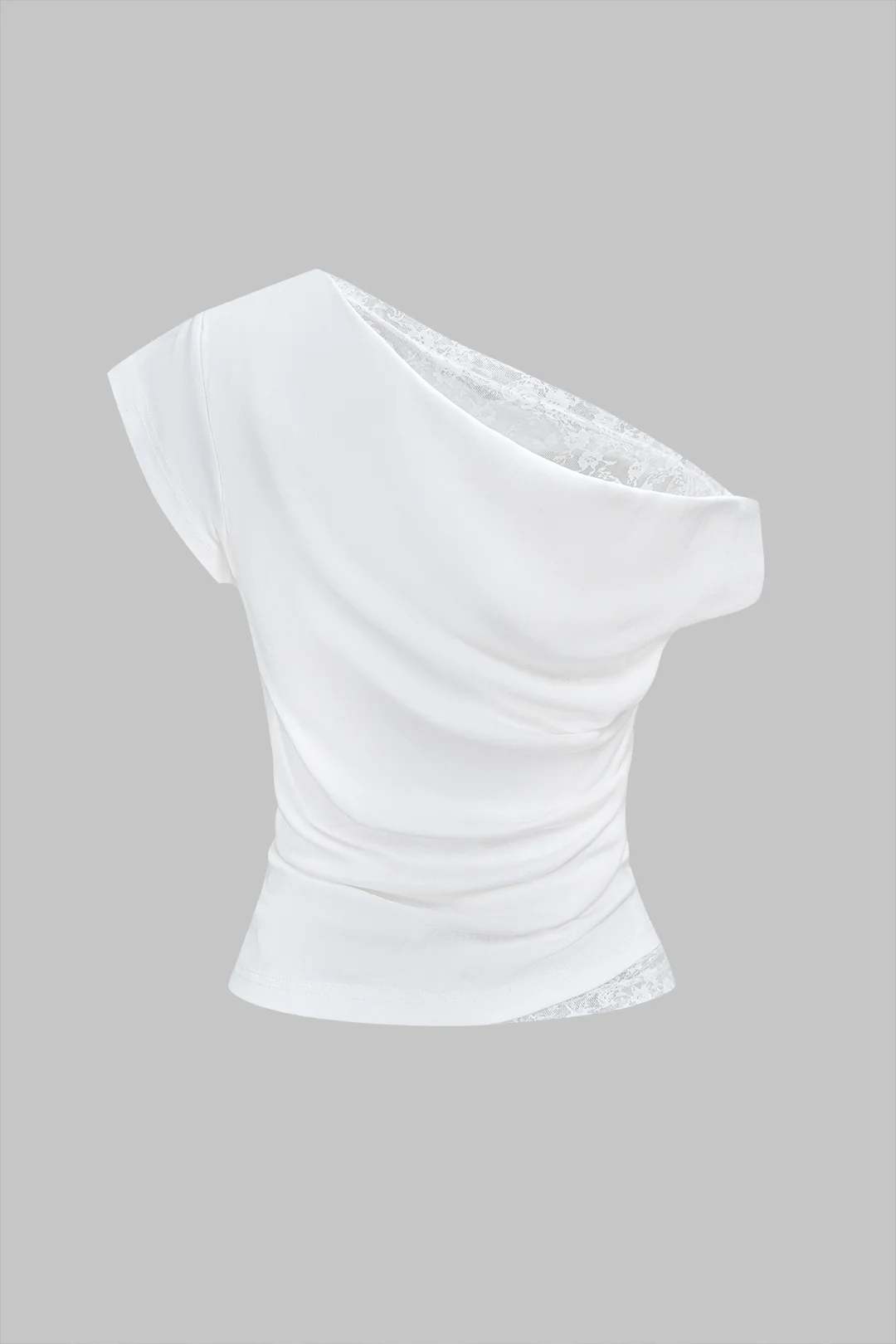 Lace Patchwork One Shoulder Ruched Short Sleeve T-Shirt - Flockneti