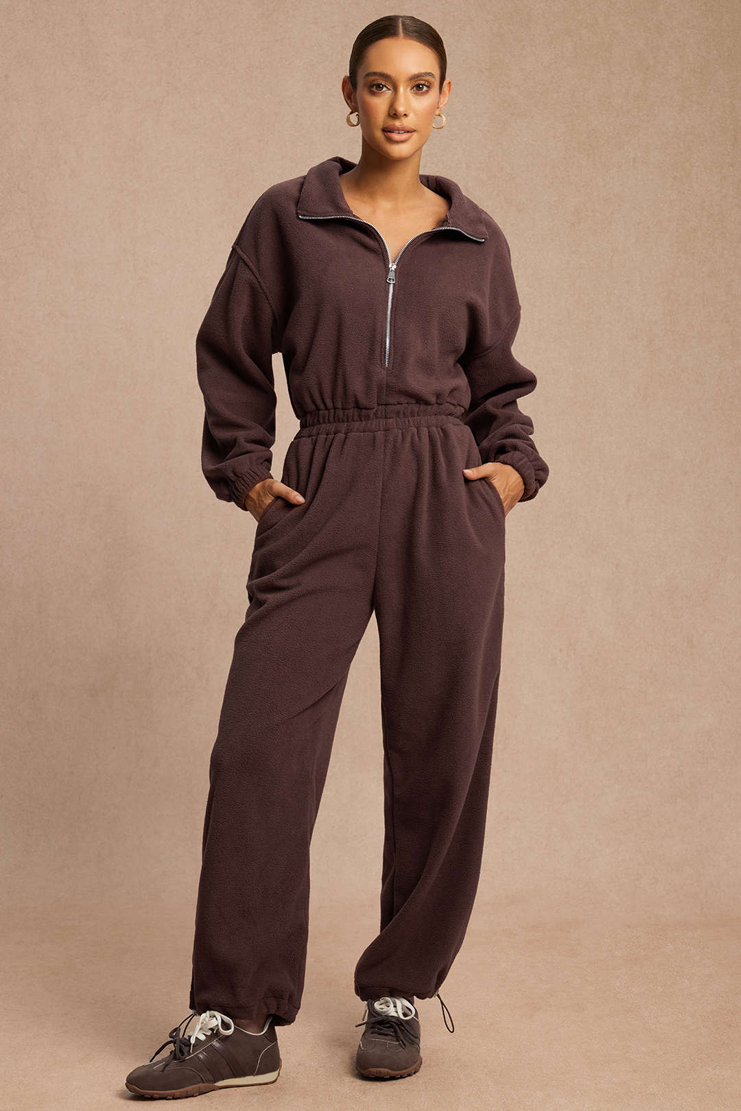 Shirred Drawstring Zipper Long Sleeve Jumpsuit - Flockneti