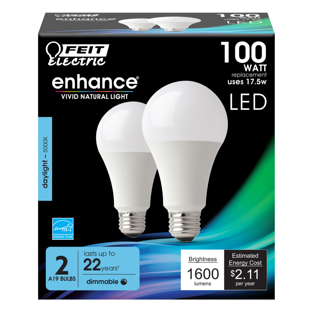 Feit Electric 100W A19 5000K Dimmable Enhance LED Bulb 2pk - Flockneti