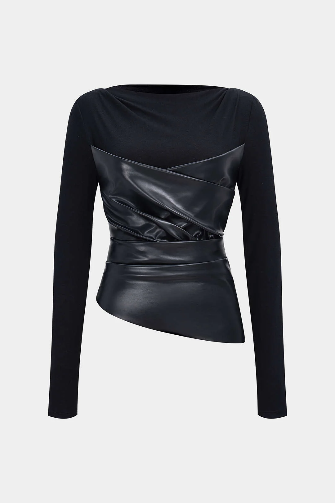 Faux Leather Patchwork Ruched Long-Sleeve Top - Flockneti