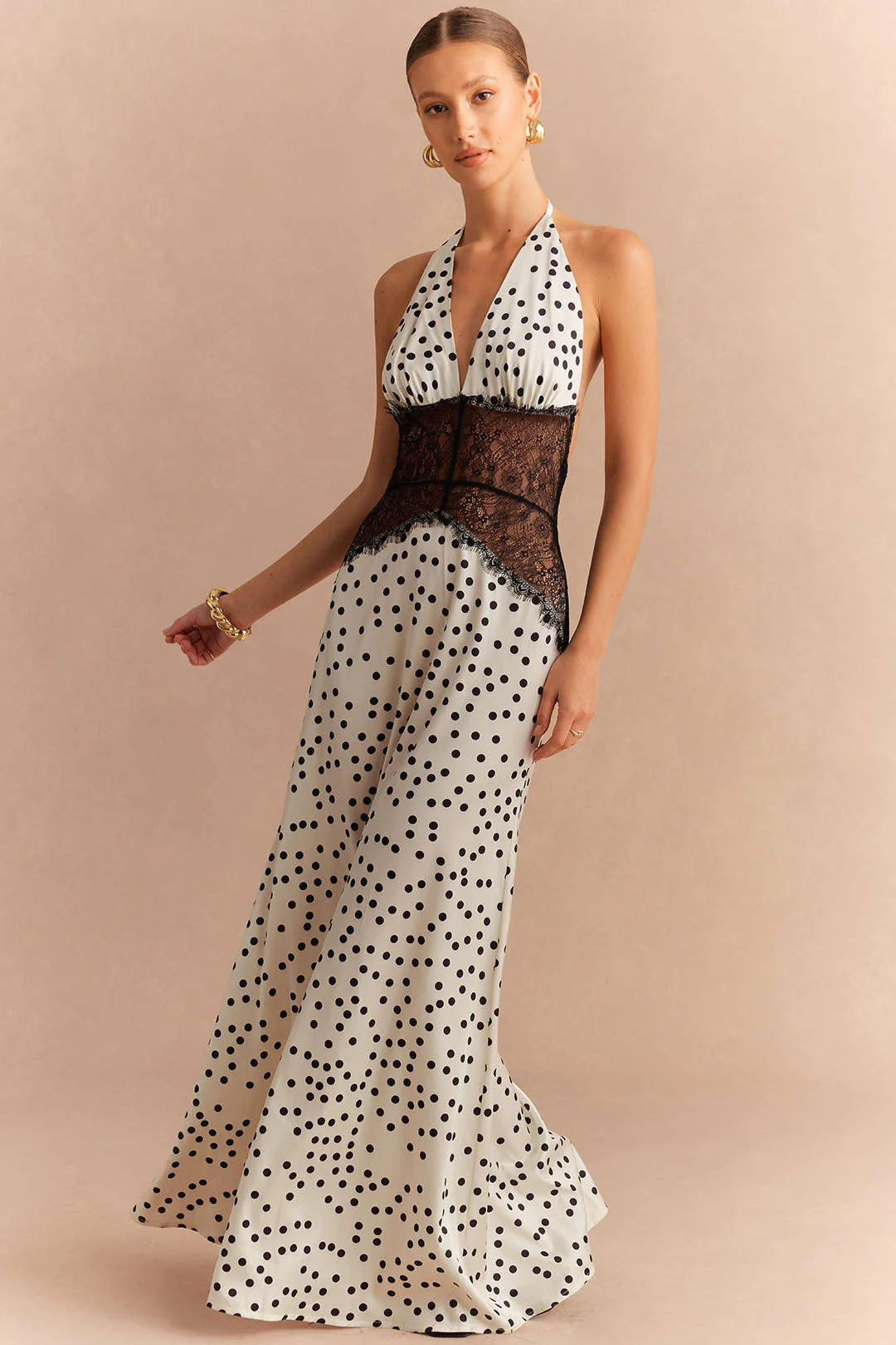 Polka Dots Print Satin Patchwork Lace Halter V-Neck Backless Sleeveless Maxi Dress - Flockneti