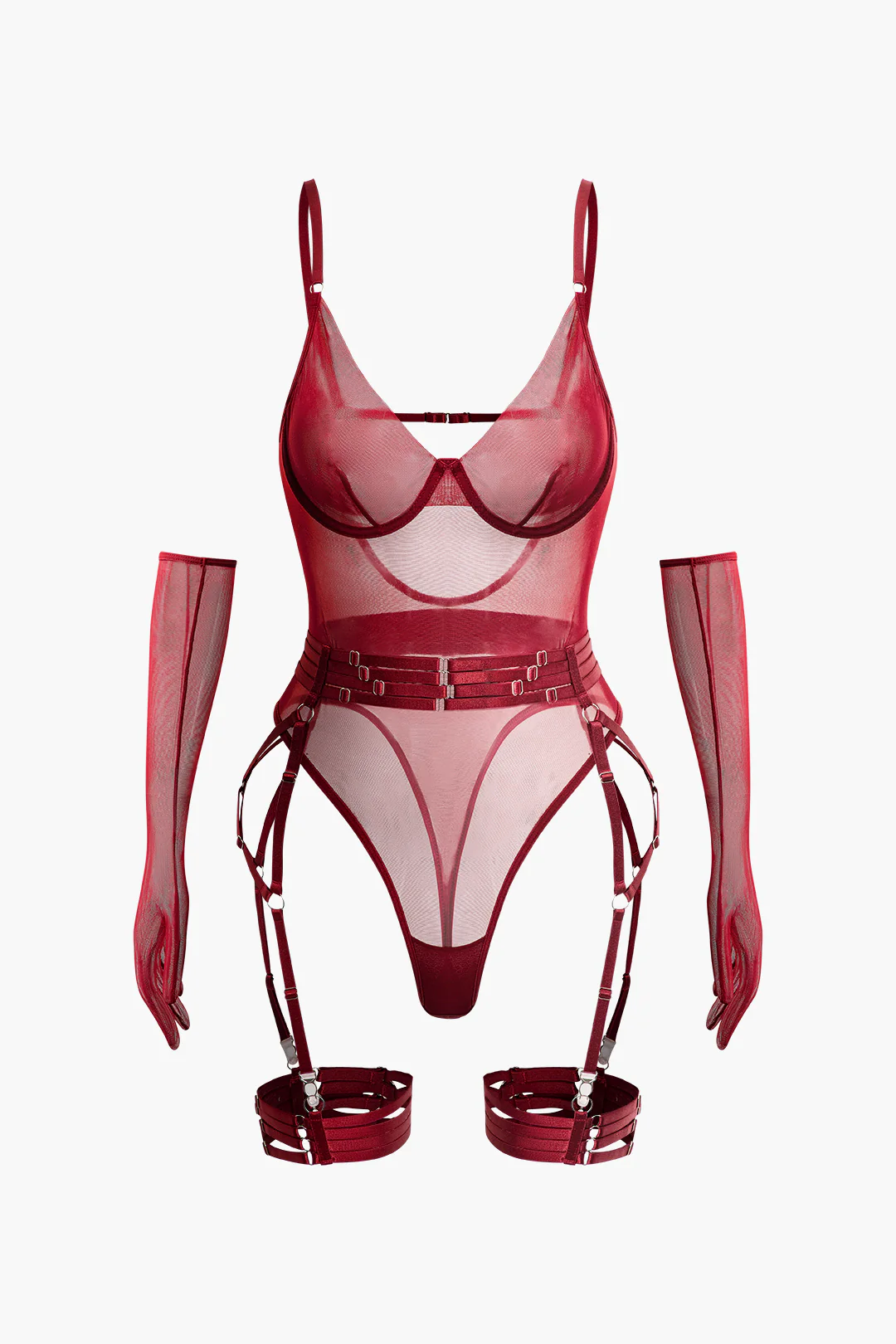 Sheer Mesh Belted Backless Bodysuit With Glove - Flockneti