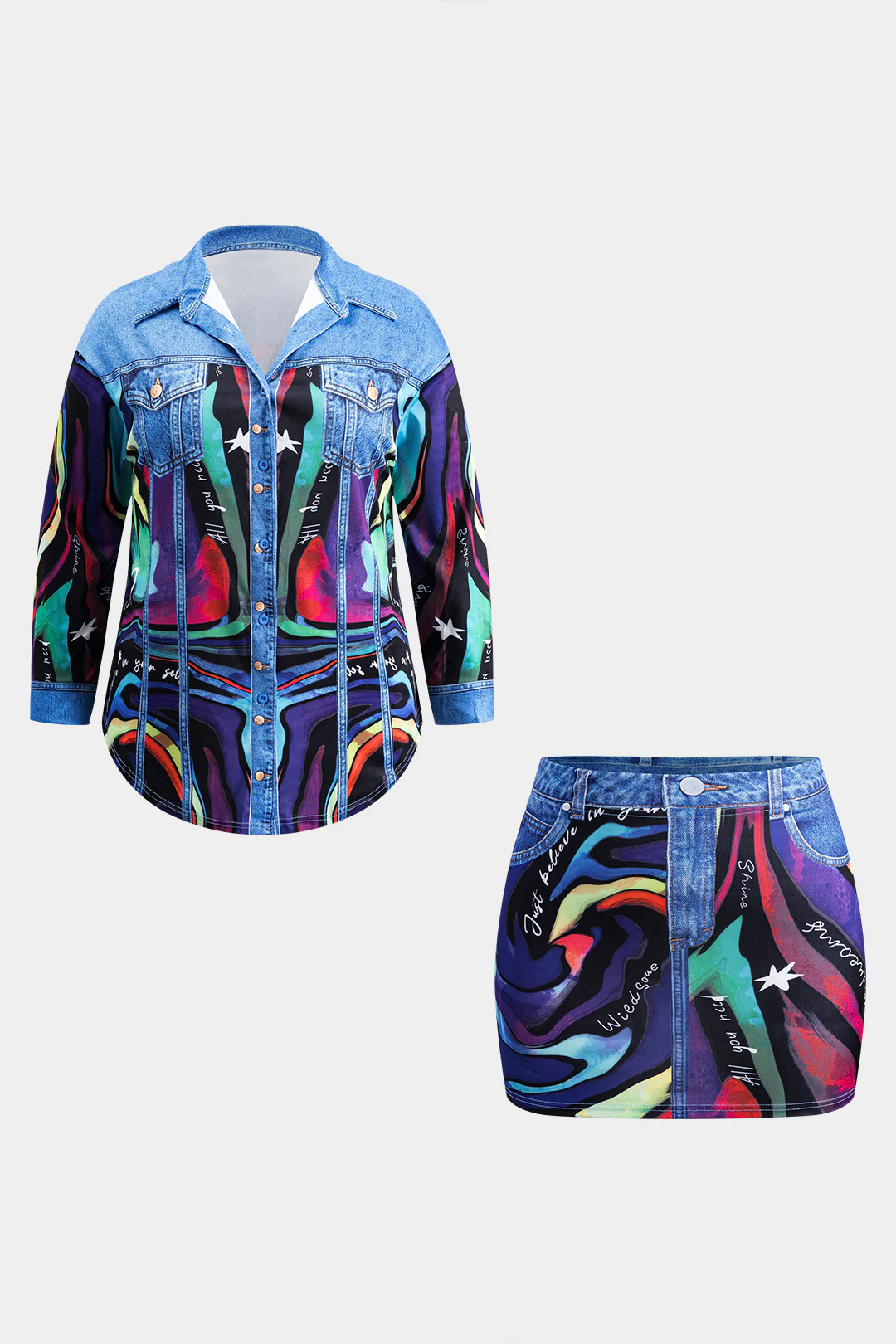 Plus Size Abstract Letter Print Button Pocket Long Sleeve Shirt And Skirt Set - Flockneti
