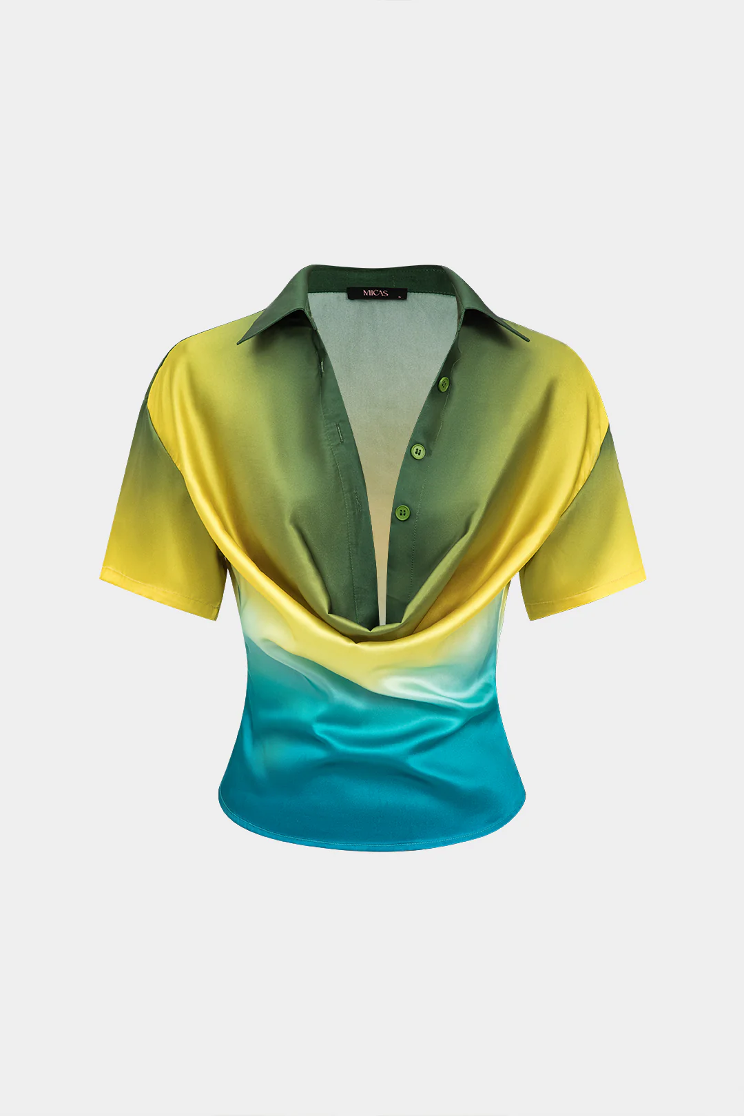 Ombre Print Satin Cowl Neck Short-Sleeve Shirt - Flockneti