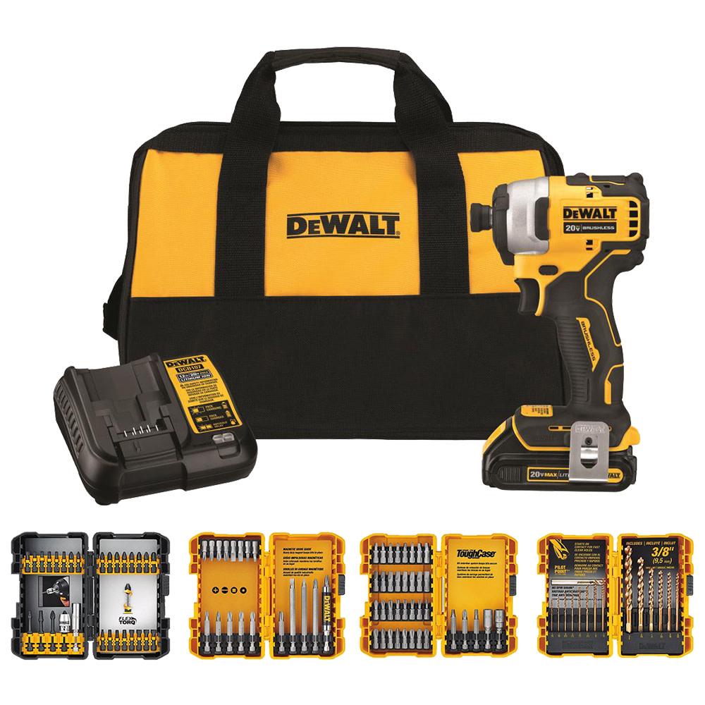 DEWALT 20V MAX* Atomic Compact 1/4″ Impact Driver Kit with 100pc Screwdriving Set Bundle - Flockneti