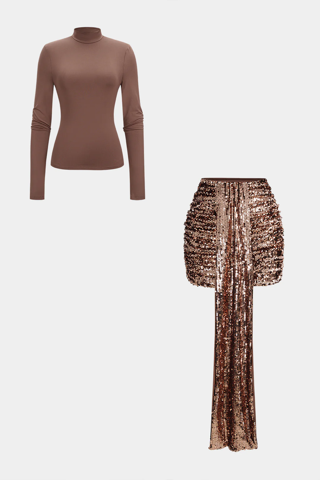 Mock Neck Long-Sleeve Top And Sequin Mini Skirt Set - Flockneti