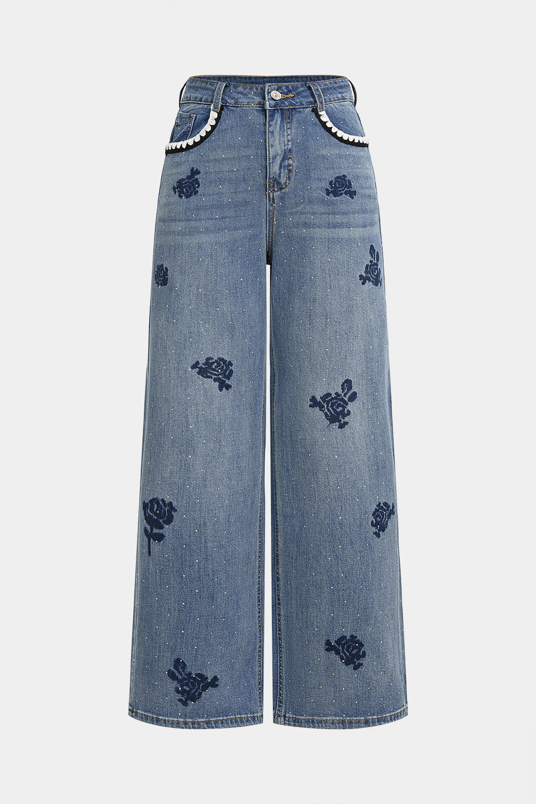 Denim Floral Embroidery High Waist Straight Leg Jeans - Flockneti