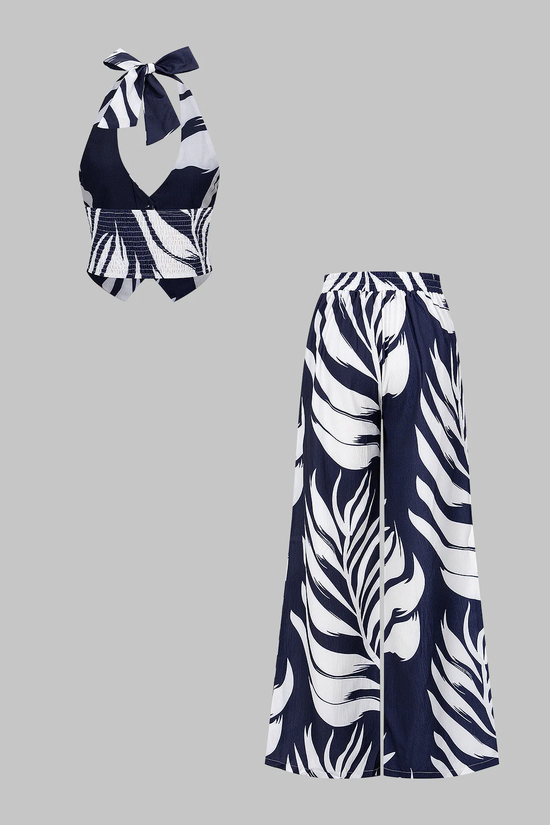 Contrast Leaves Print Halter V-Neck Tie-Up Top And Wide Leg Pants Set - Flockneti
