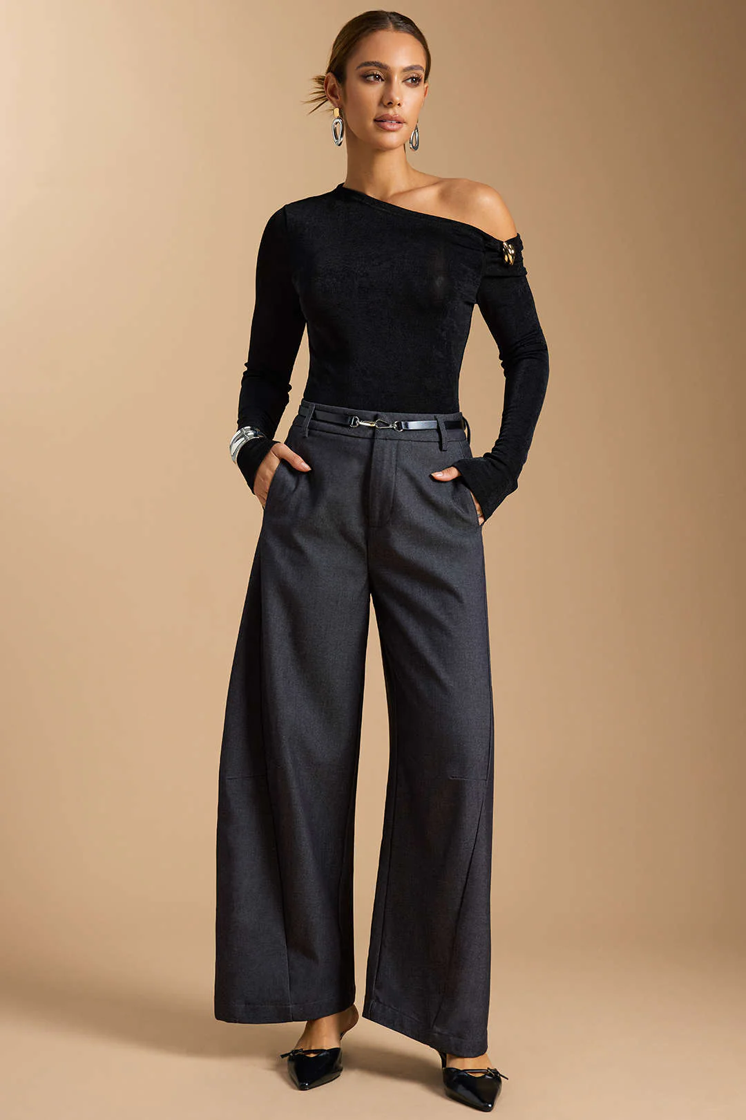 Zipper Belted Wide Leg Trousers - Flockneti