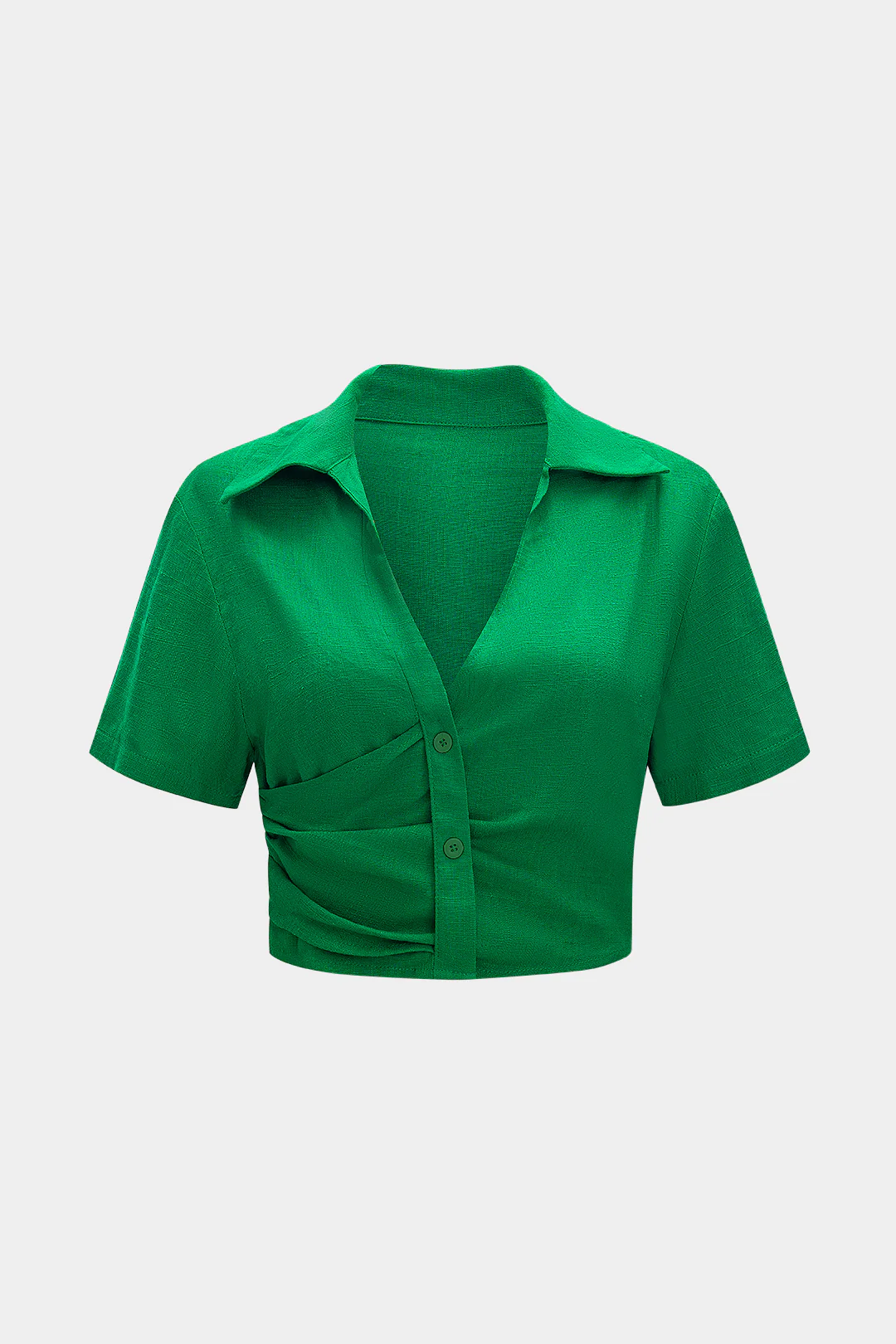 Linen Asymmetrical Ruched V-Neck Short-Sleeve Shirt - Flockneti