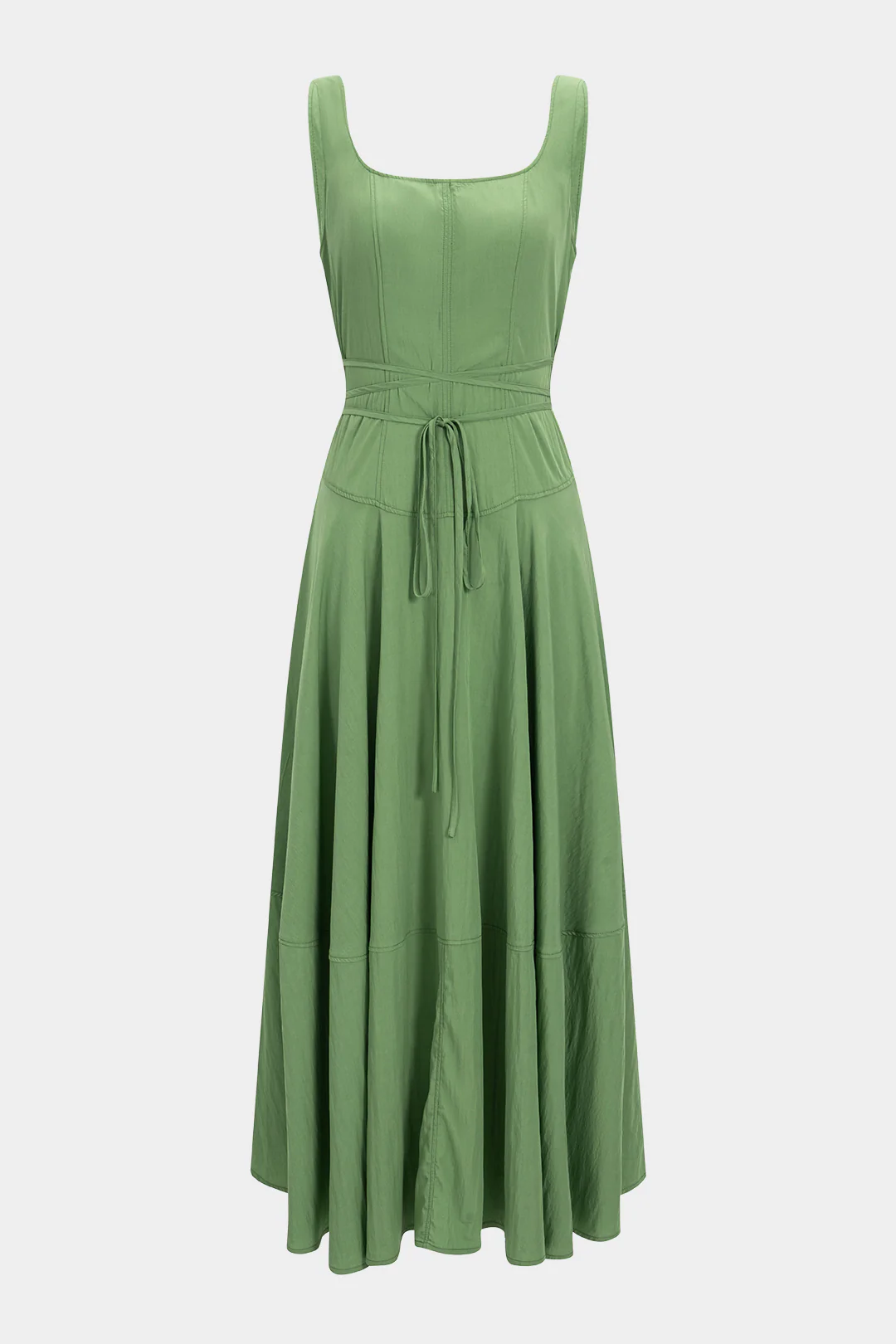 Solid Square Neck Tie-Front Zipper Sleeveless Midi Dress - Flockneti