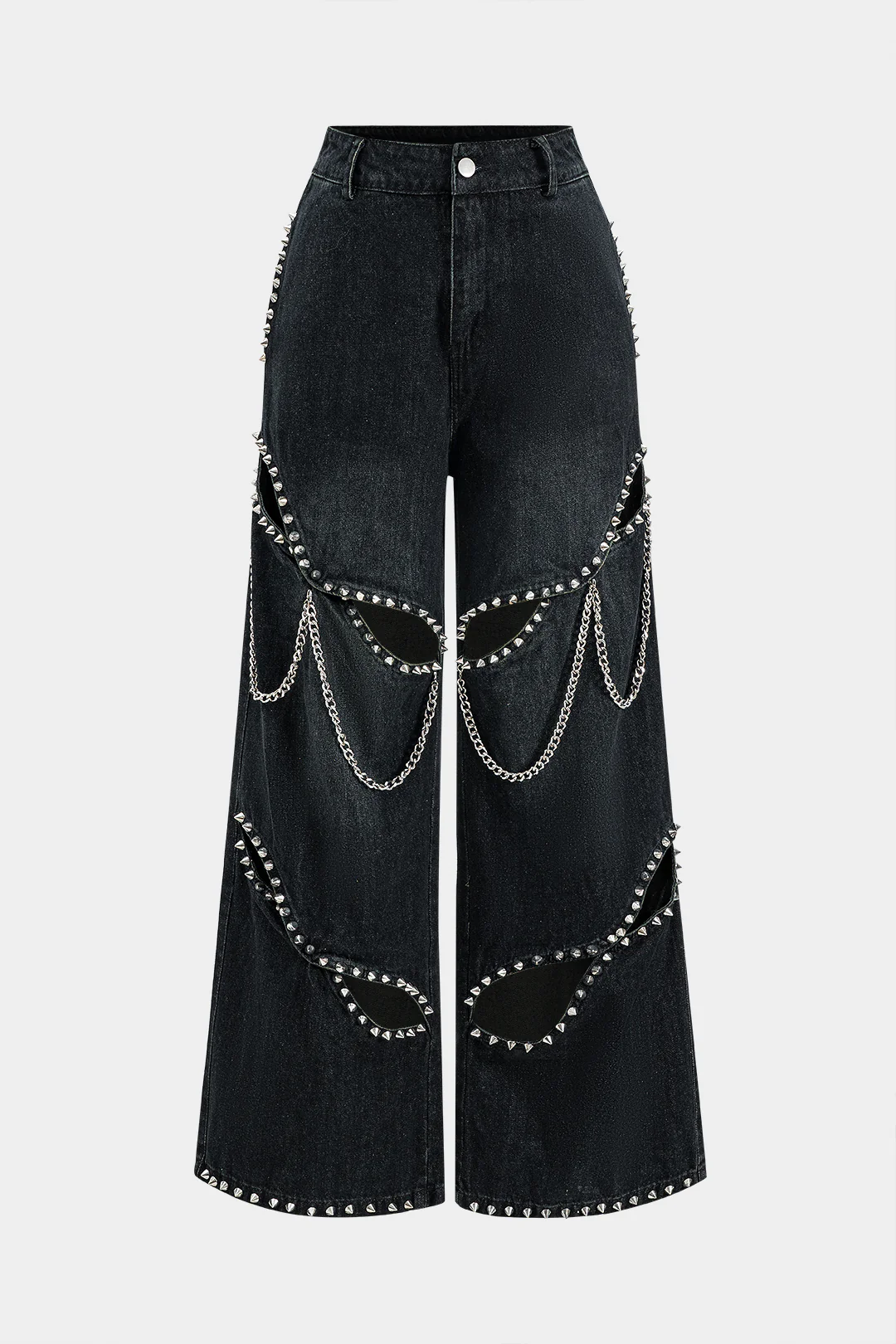 Denim Cut Out Chain Decor High Waist Wide Leg Pants - Flockneti