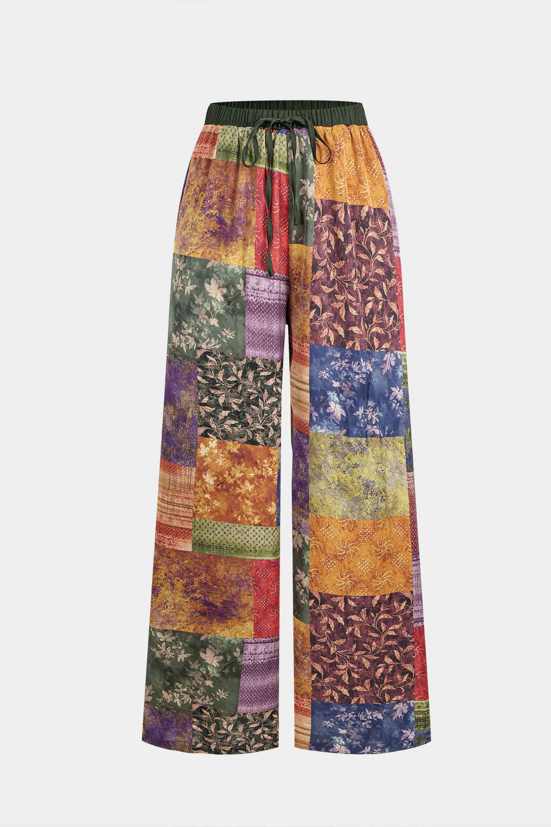 Abstract Print Satin Shirred Waistband Wide Leg Pants - Flockneti