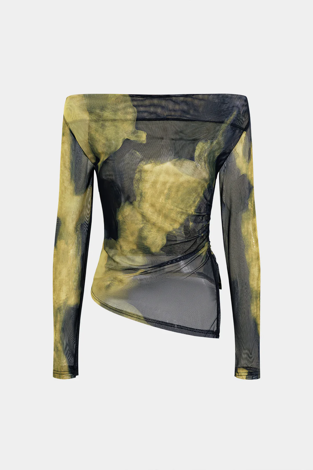 Mesh Tie Dye Print Off Shoulder Irregular Long-Sleeve Top - Flockneti