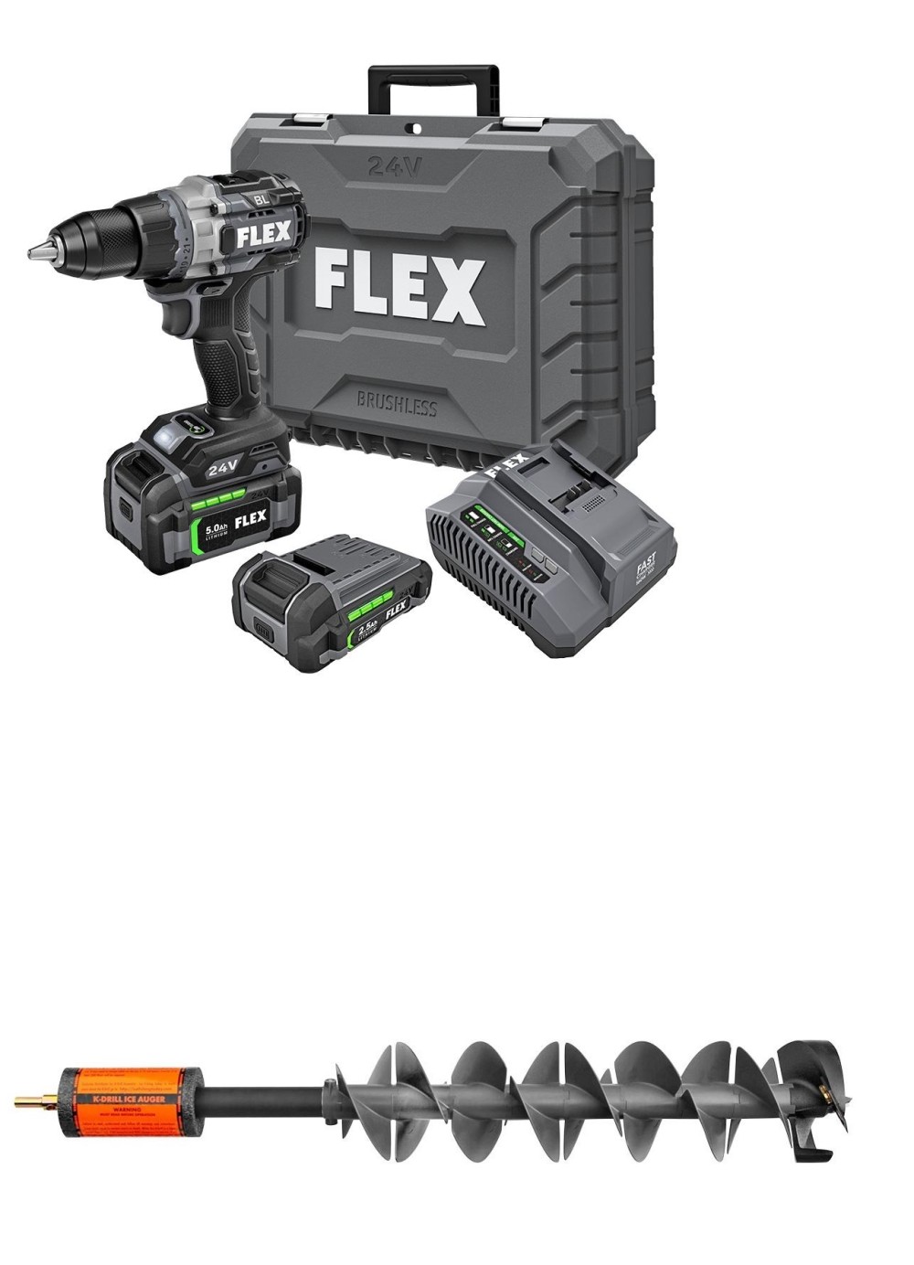 K-Drill 8.5″ Ice Auger with Flex 24V 1/2″ 2 Speed Drill Driver With Turbo Mode Kit - Flockneti