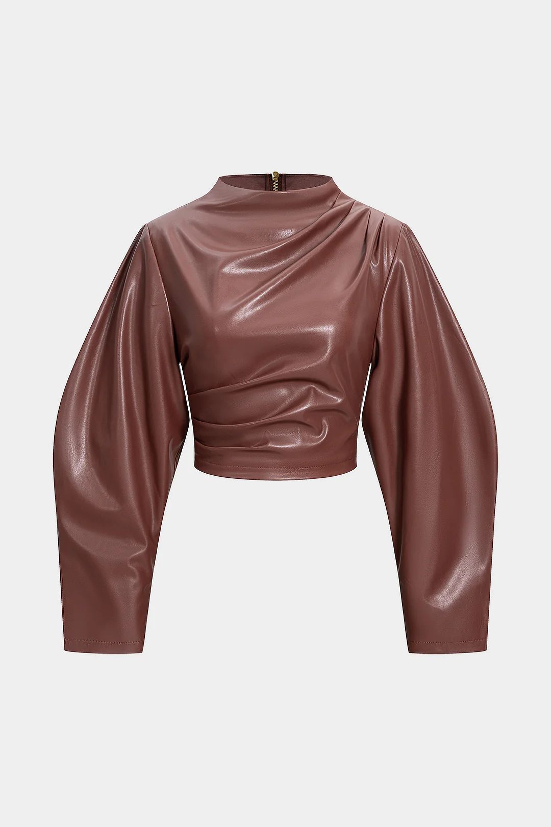 Faux Leather Ruched Zipper Long-Sleeve Shirt - Flockneti