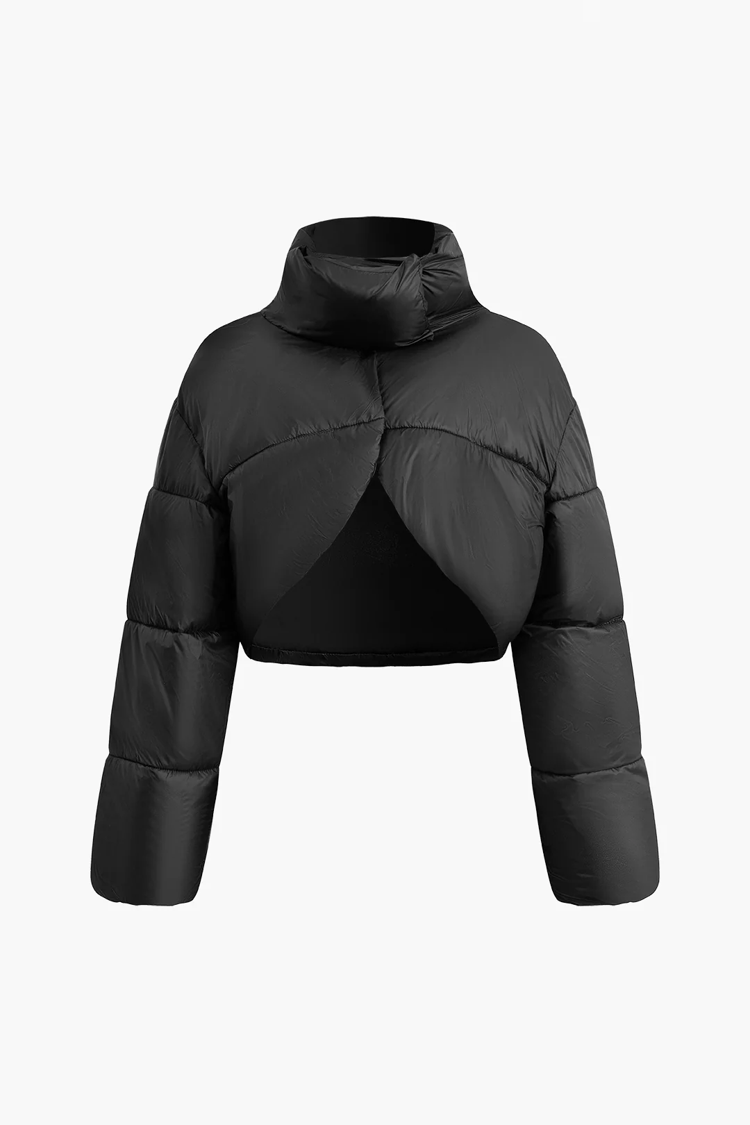 Solid Stand Collar Long Sleeve Cropped Puffer - Flockneti