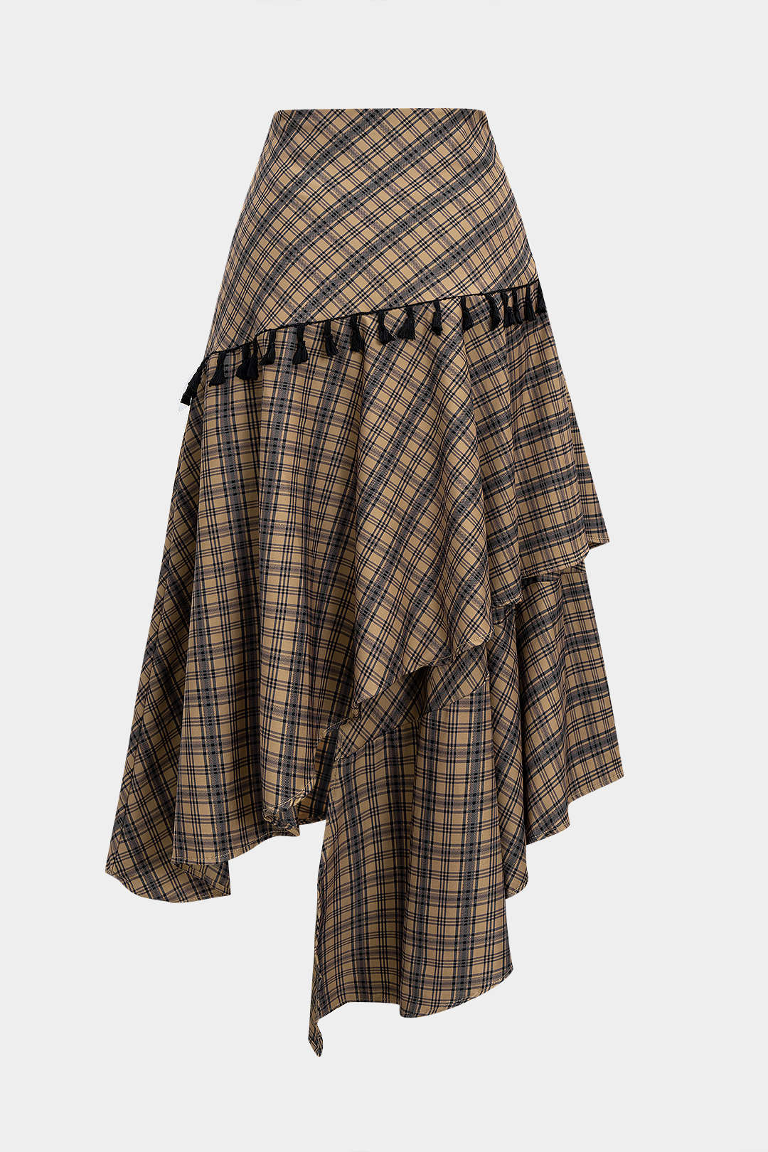 Plaid Print Tassel Asymmetrical Skirt - Flockneti