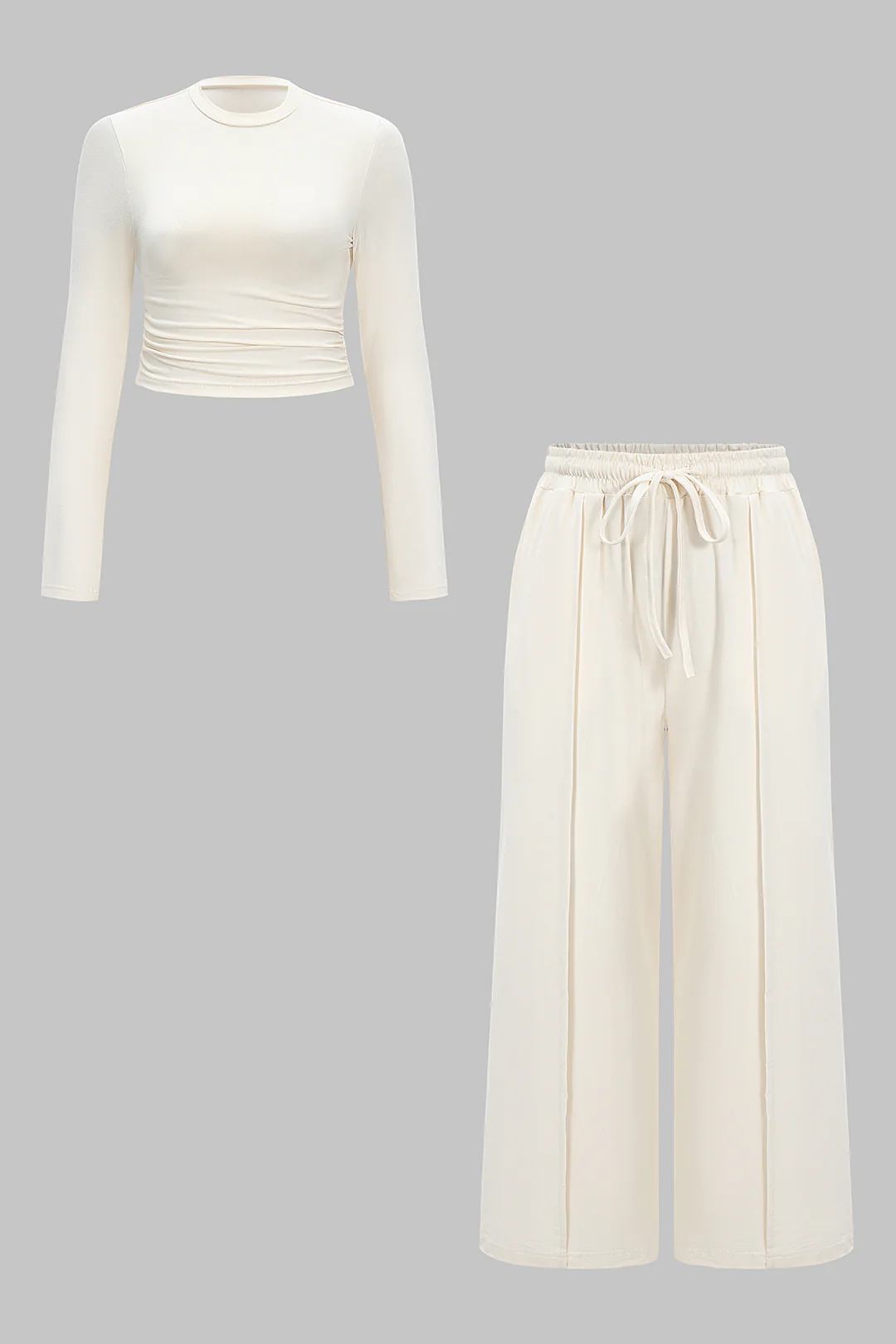 Plus Size Ruched Long Sleeve Cropped Top And Drawstring Wide Leg Pants Set - Flockneti