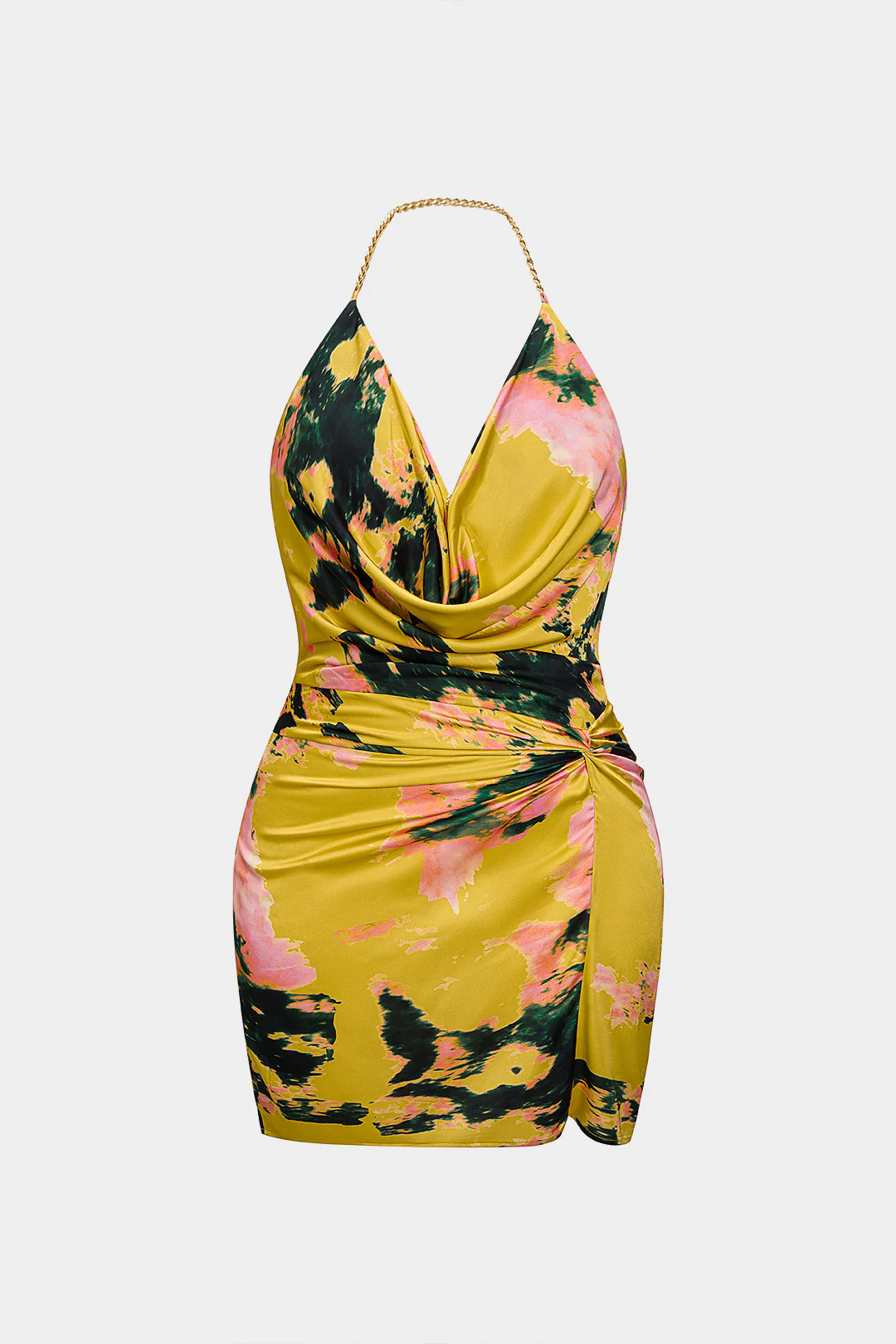 Plus Size Abstract Print Satin Metallic Halter Draped Cowl Neck Ruched Backless Sleeveless Mini Dress - Flockneti