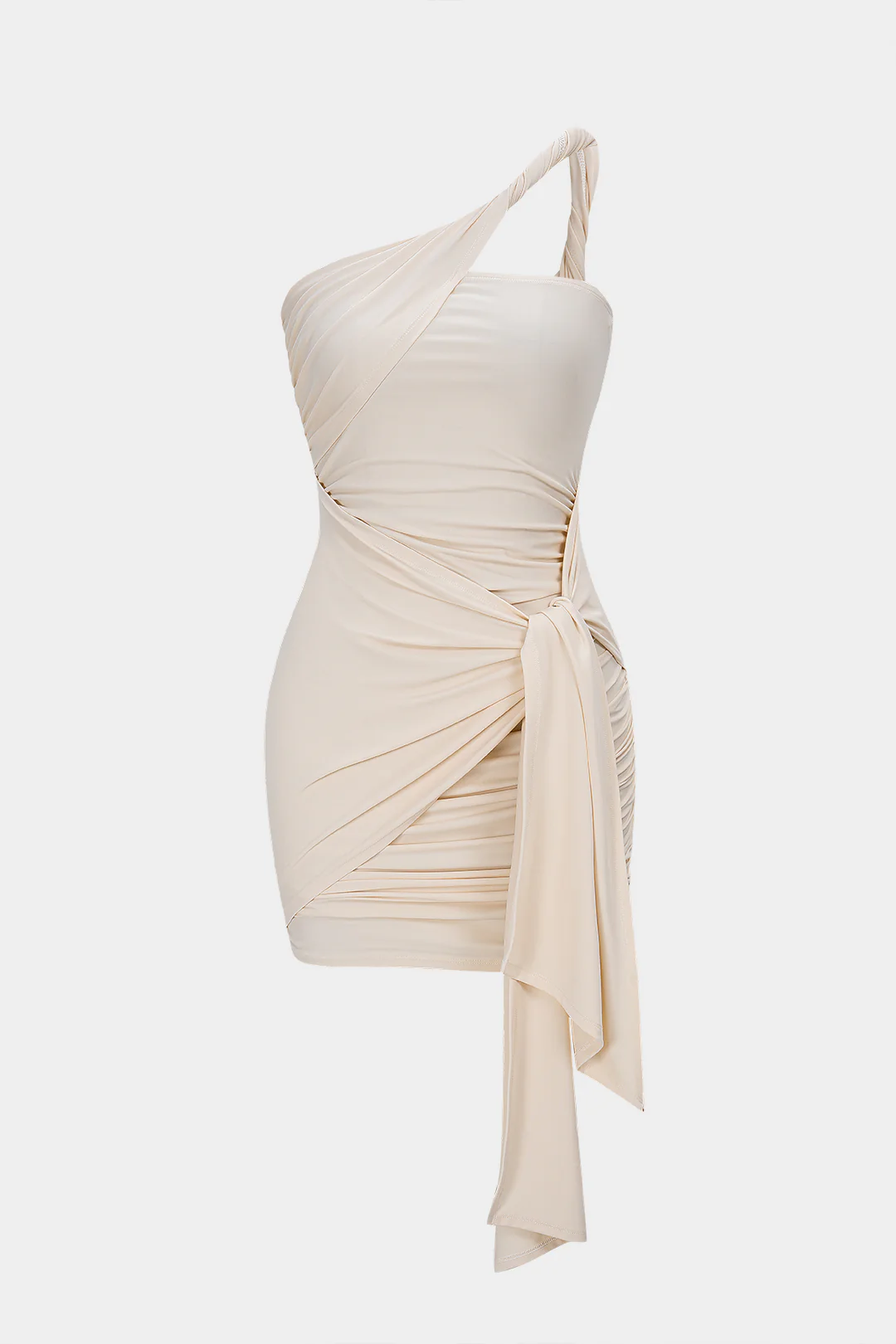 One Shoulder Twist Knot Asymmetrical Tie-Up Ruched Sleeveless Mini Dress - Flockneti