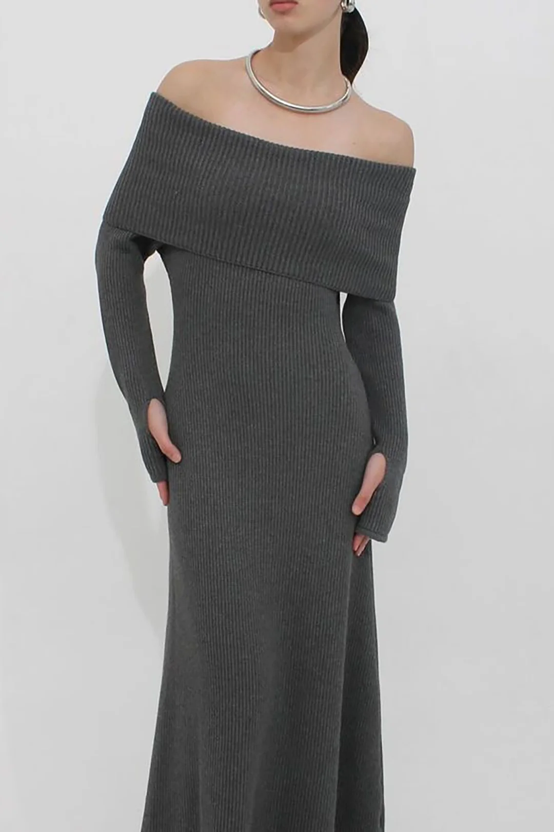 Knit Off-Shoulder Long Sleeve Dress - Flockneti