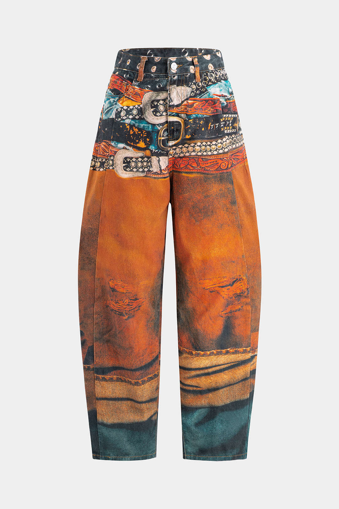 Retro Print Denim Barrel Jeans - Flockneti