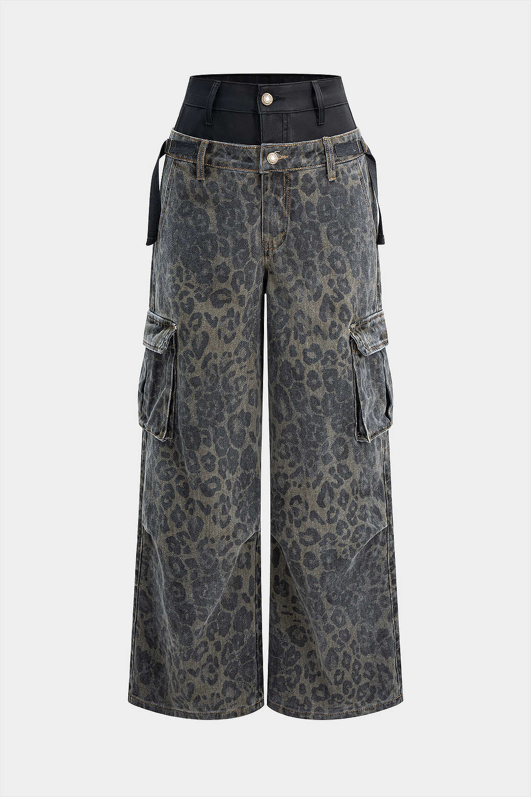 Denim Leopard Print Faux Leather Double Waistband Jeans - Flockneti