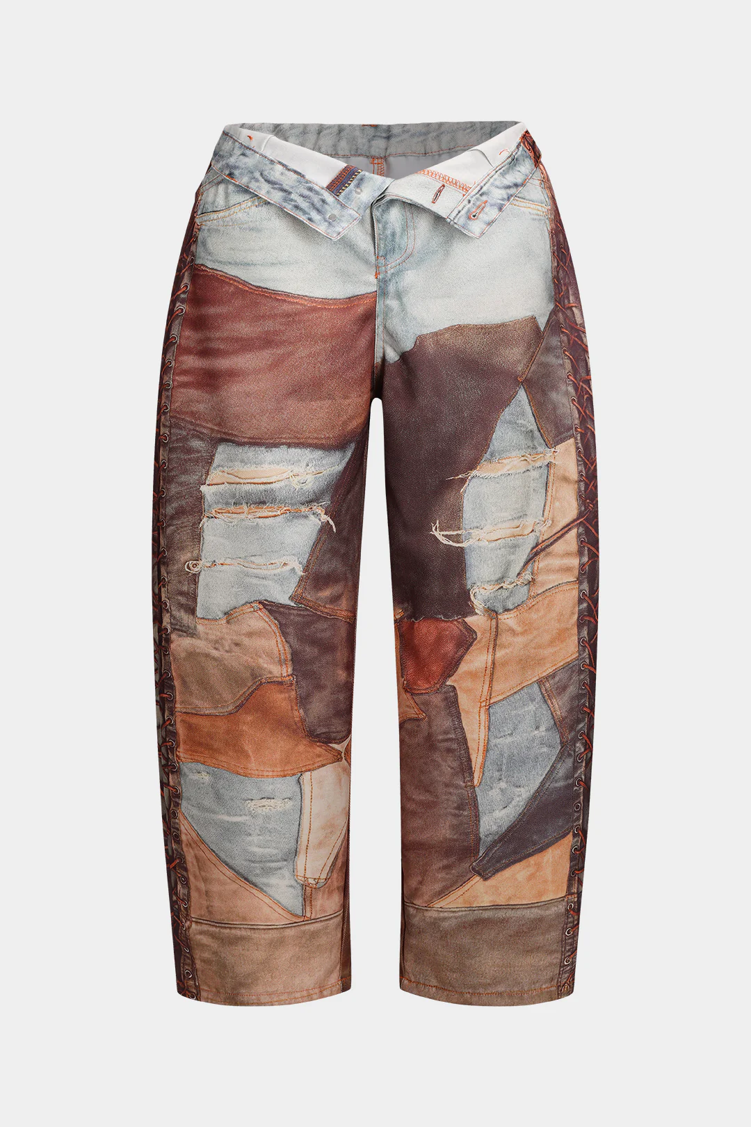 Plus Size Patchwork Button Zipper Pocket Wide Leg Trousers - Flockneti