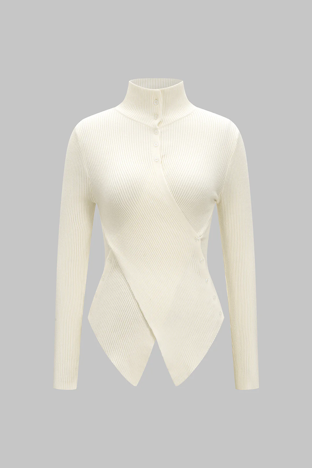 Knit Stand Collar Irregular Button Long-Sleeve Top - Flockneti