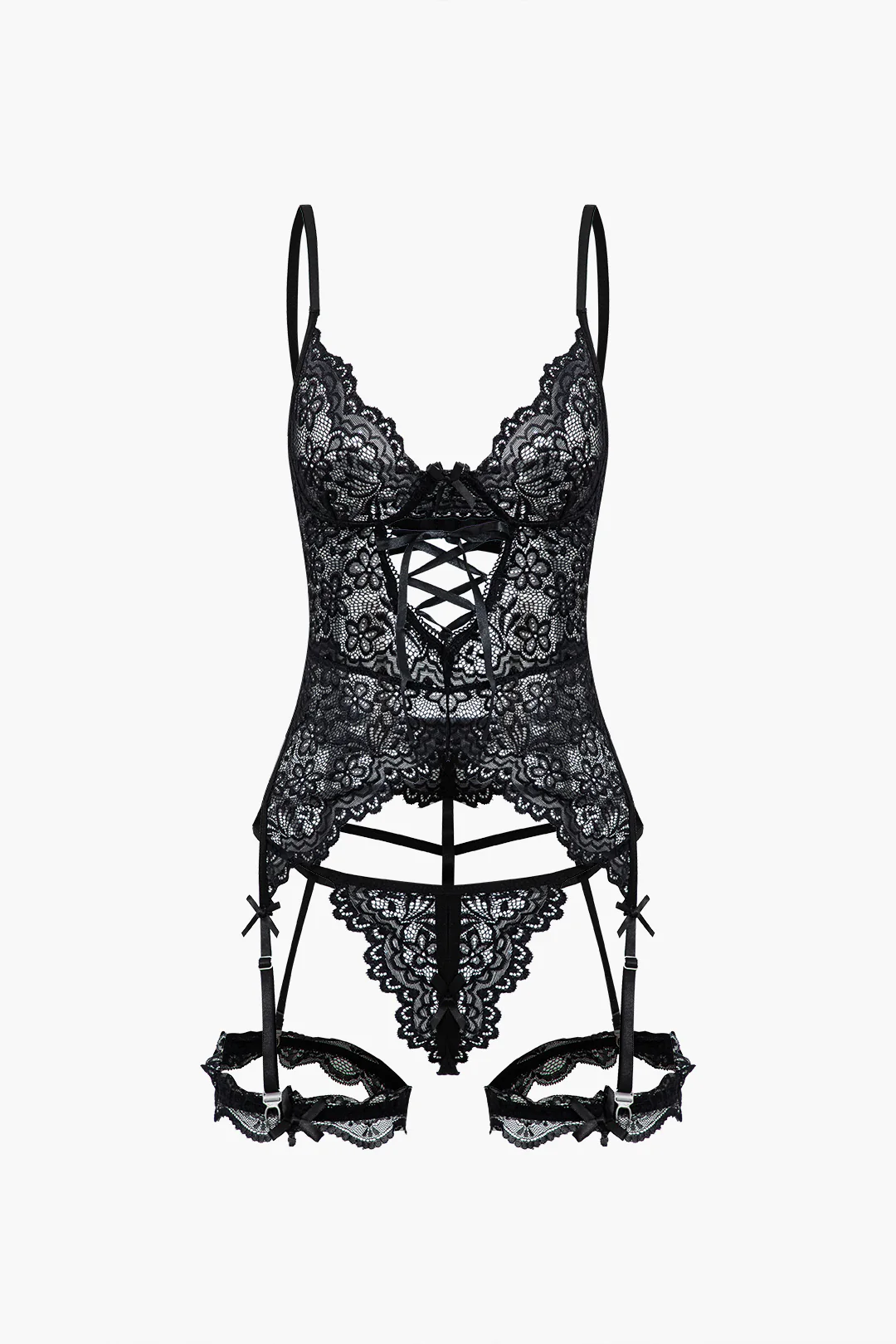 Solid Cut Out Lace Lingerie Garter Set - Flockneti