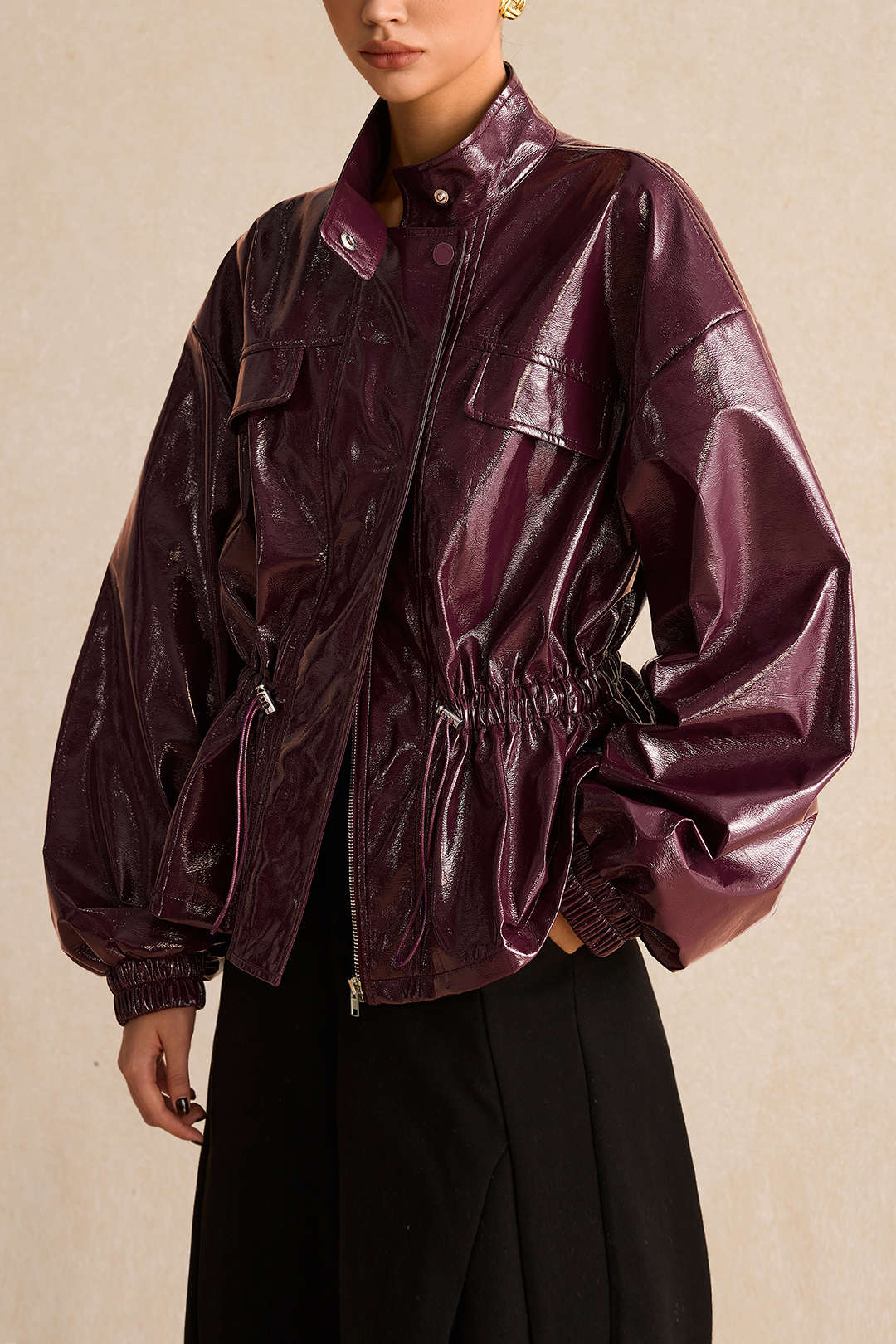 Faux Leather Drawstring Pocket Jacket - Flockneti