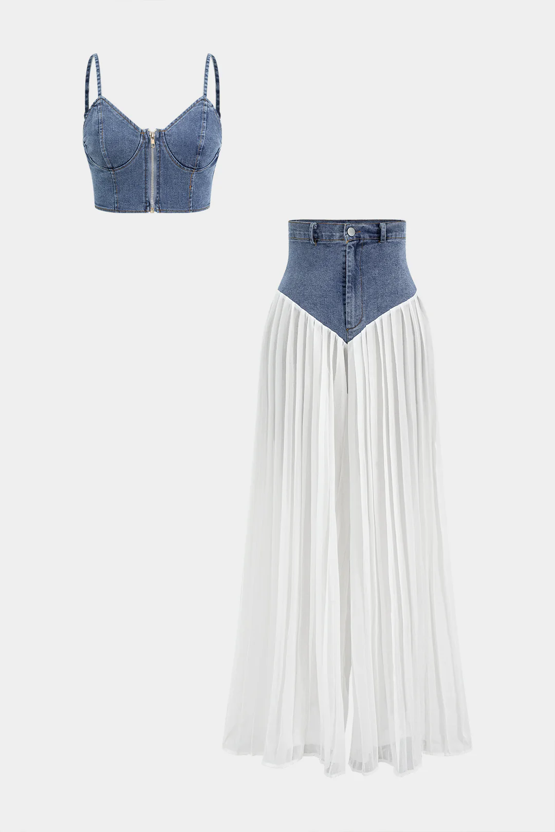 Denim Dry Clean Bustier Zipper Cami Top And Chiffon Pleated Patchwork Trousers Set - Flockneti