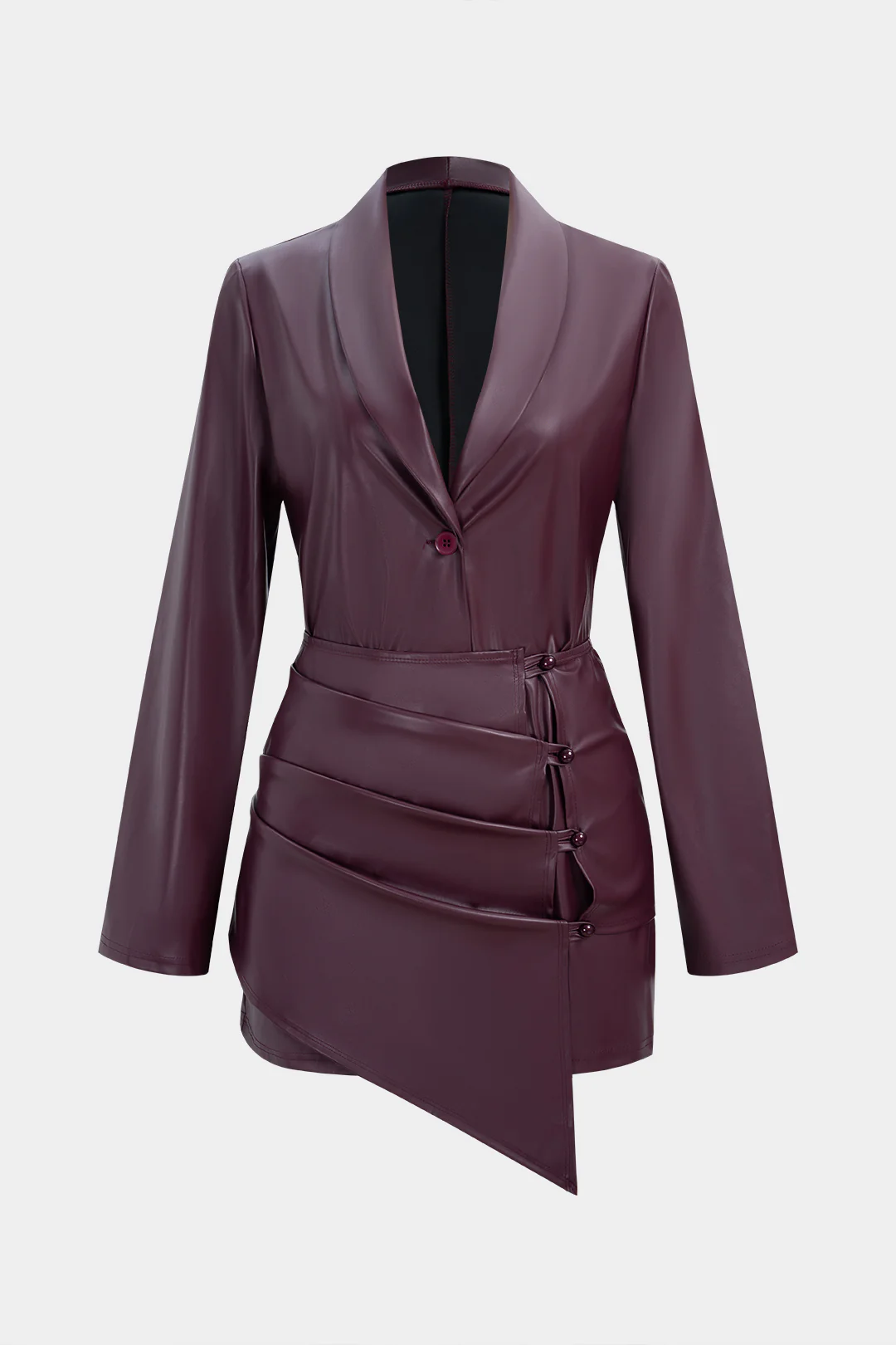 Faux Leather V-Neck Button Long-Sleeve Dress And Irregular Draping Mini Skirt Set - Flockneti