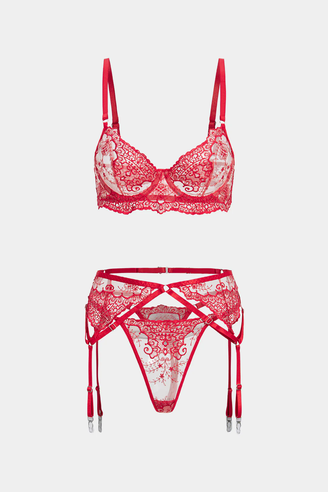 Embroidery Sheer Underwire Lingerie Garter Set - Flockneti