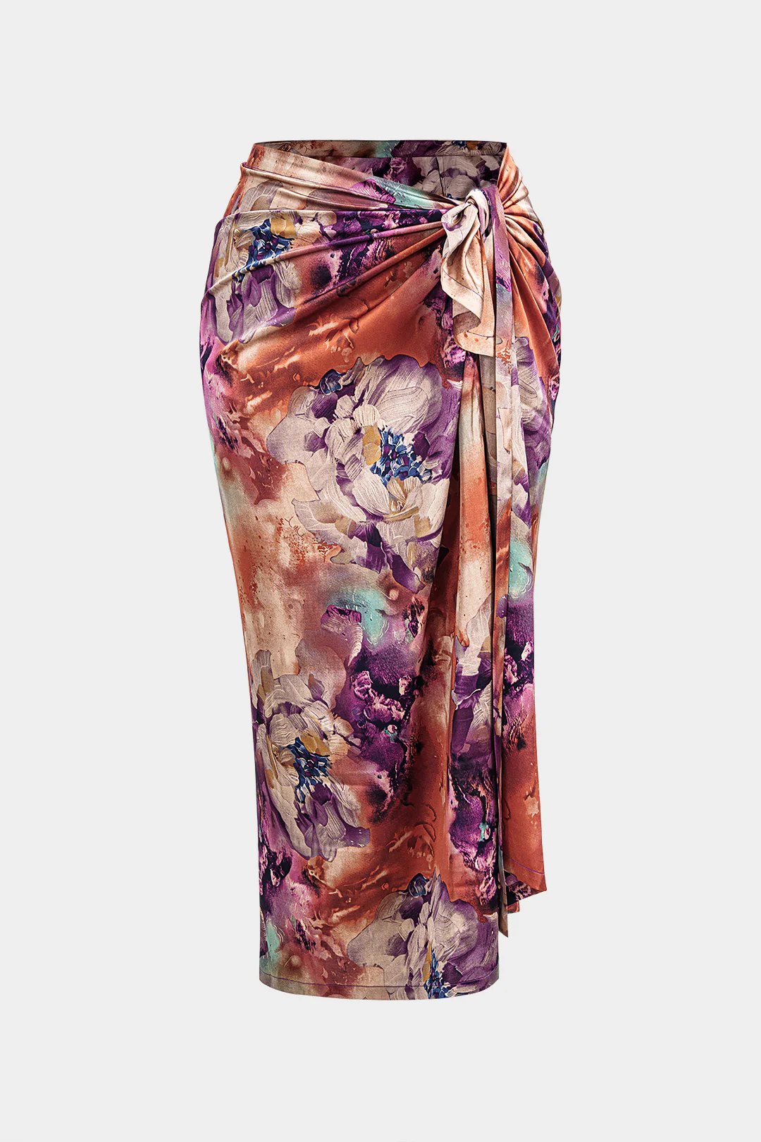Plus Size Satin Abstract Print Tie Front Skirt - Flockneti