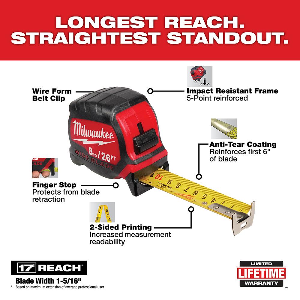 Milwaukee 8M/26Ft Wide Blade Tape Measure - Flockneti