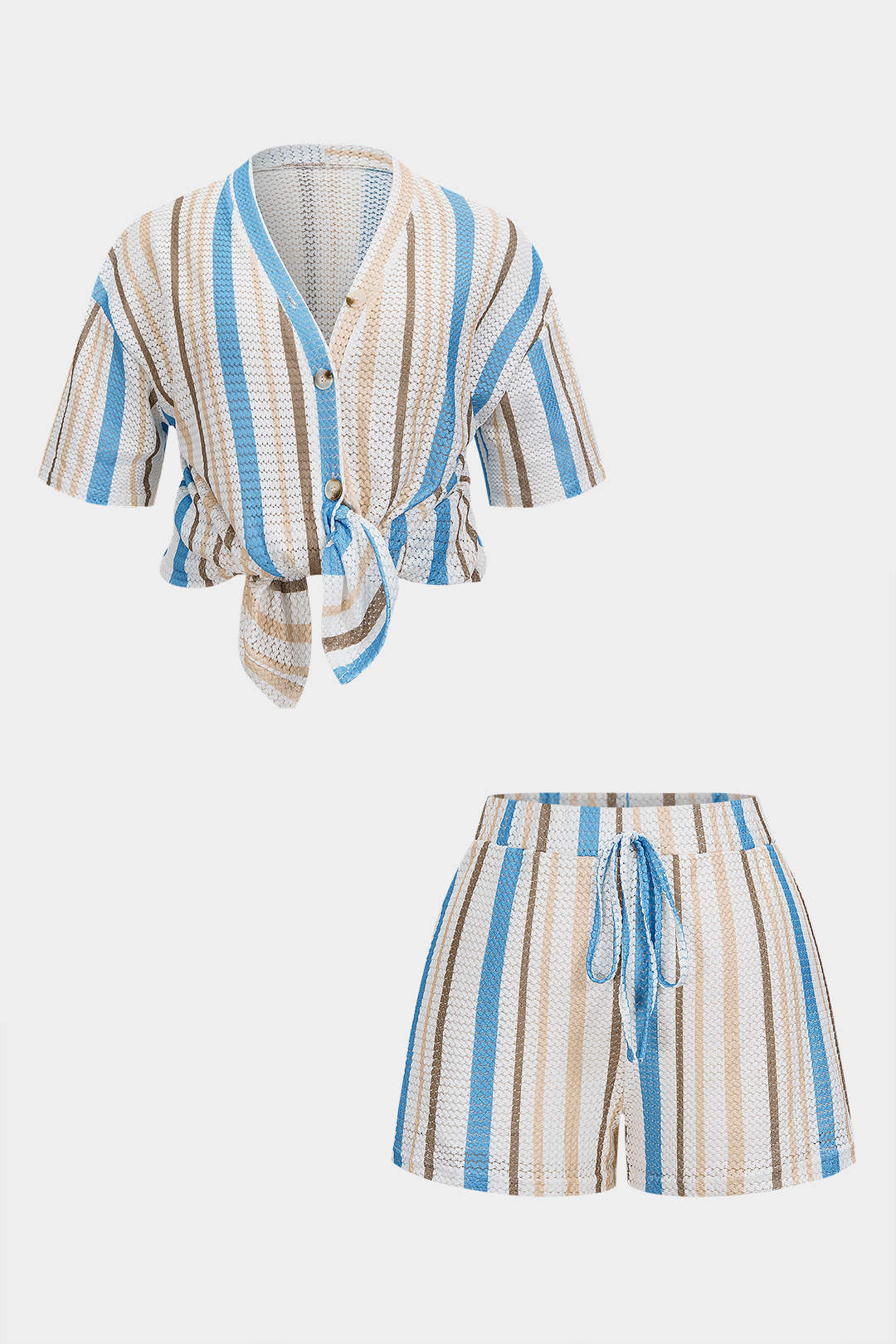 Plus Size Stripes Print V-Neck Short Sleeve Top And Drawstring Shorts Set - Flockneti