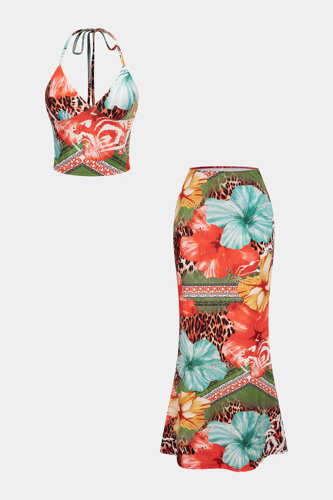 Leopard Floral Print Halter V-Neck Tie Back Top And High Waist Skirt Set - Flockneti