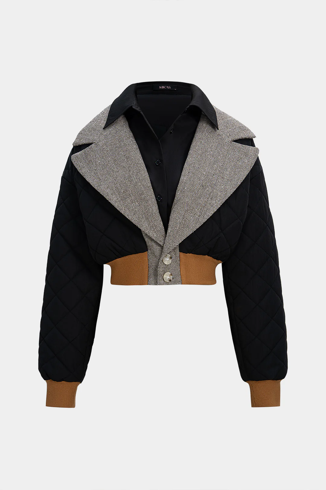 Notched Lapel Patchwork Stitching Detail Puffer - Flockneti