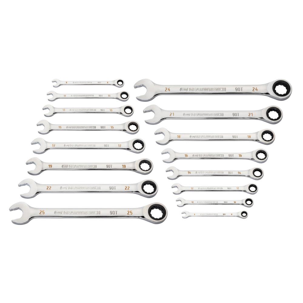 GEARWRENCH 16 Pc 90T 12 Point Metric Combination Ratcheting Wrench Set - Flockneti