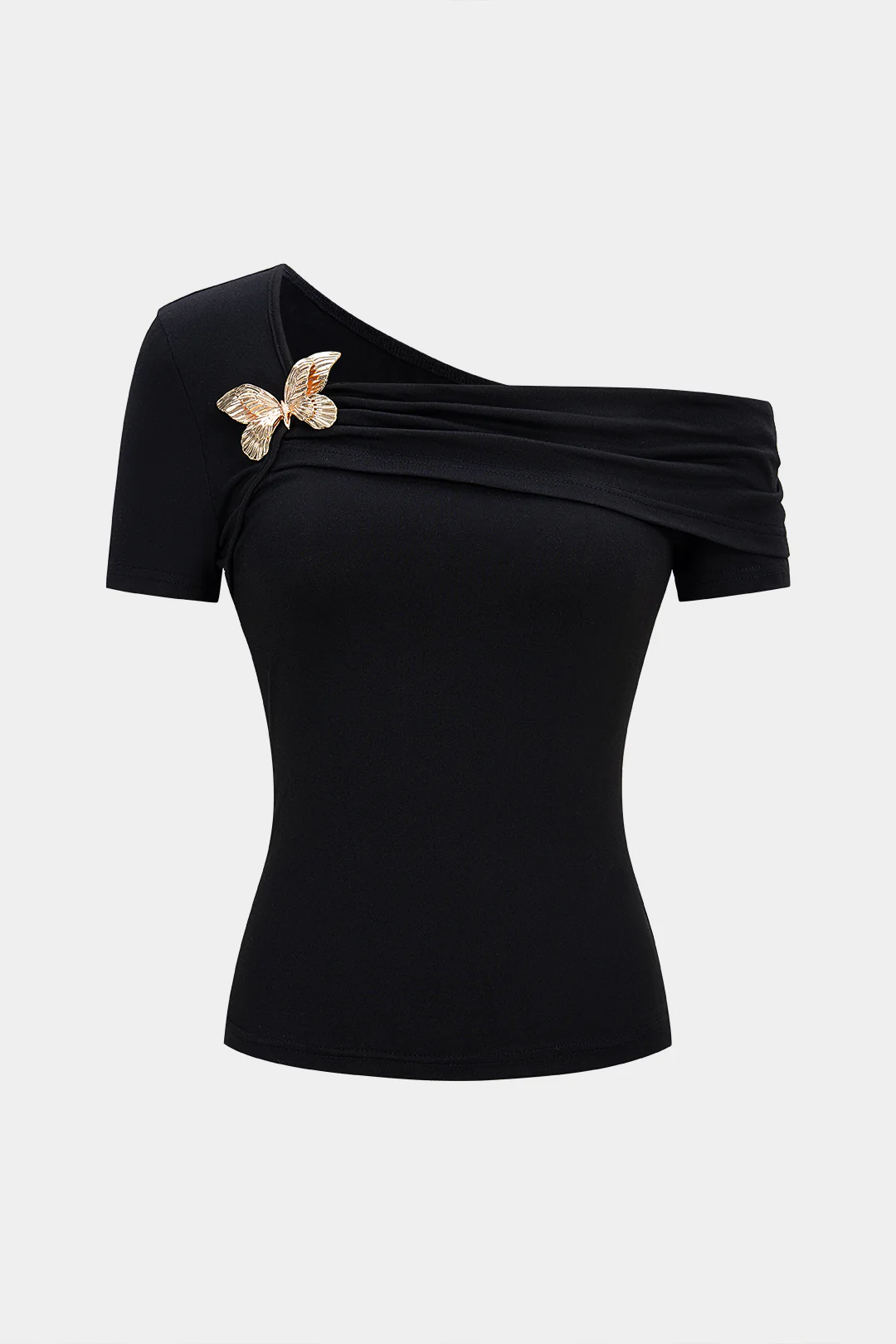 Metallic Decor One Shoulder Asymmetrical Short Sleeve T-Shirt - Flockneti
