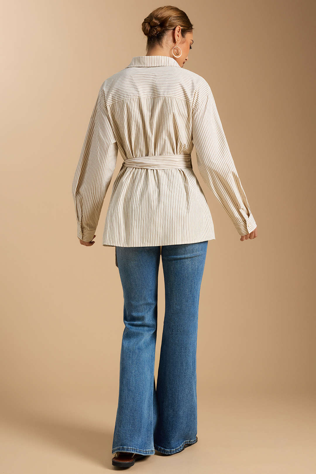 Stripes Print Button Ruched Long-Sleeve Shirt - Flockneti