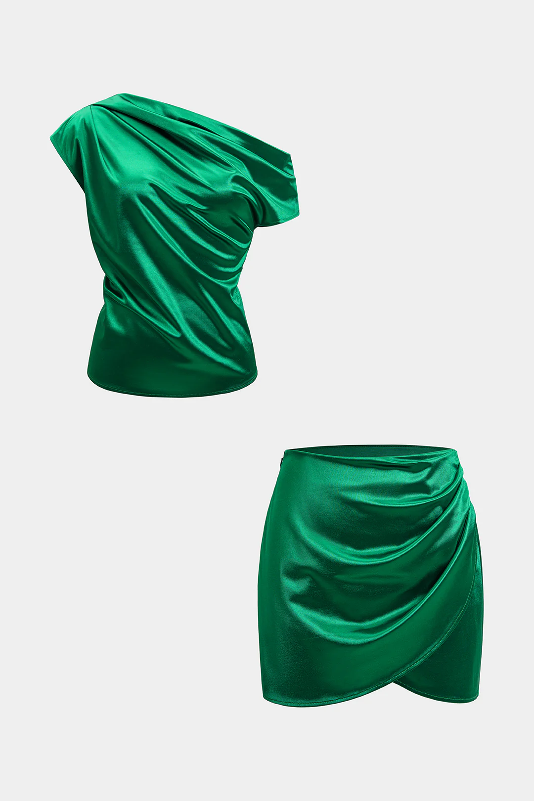 Satin One Shoulder Ruched Top And Asymmetrical Skirt Set - Flockneti
